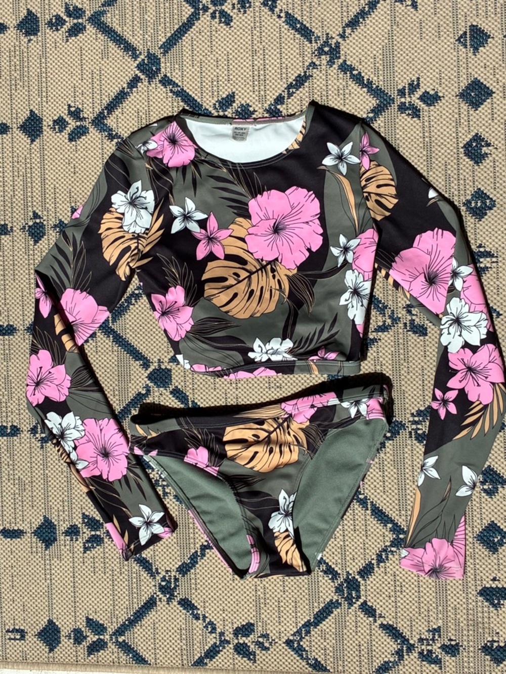 2-Piece Roxy Swim Suit with Long Sleeve Rash Guard Top, Bikini Bottoms - Picture 8 of 8